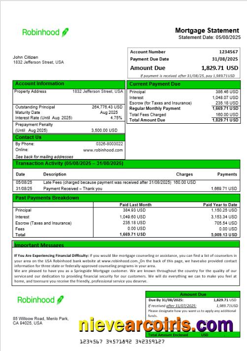 USA Robinhood bank mortgage statement